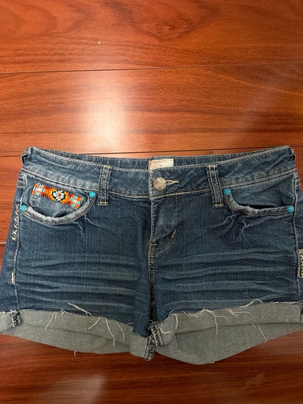 Arden B Dark Blue Denim Shorts with Beaded Accent